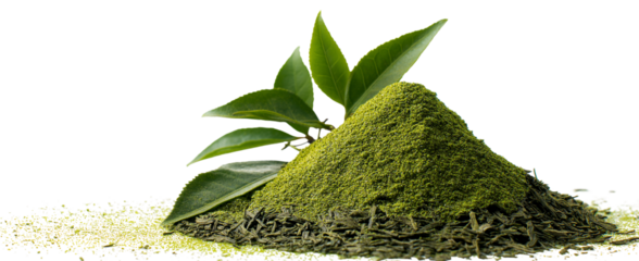 a pile of green tea leaves and loose-leaf tea on a white background, high-resolution photography, insanely detailed, fine details, stock photo, professional color grading, award-winning photography, i