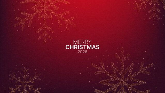 Merry Christmas 2026 text with golden dotted snowflakes on a red background. Holiday design with glowing particles for greeting card and banner. - Powered by Adobe