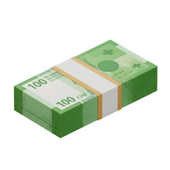 3d icon of a stack of 100 swiss franc banknotes tied with a band, isolated on transparent background