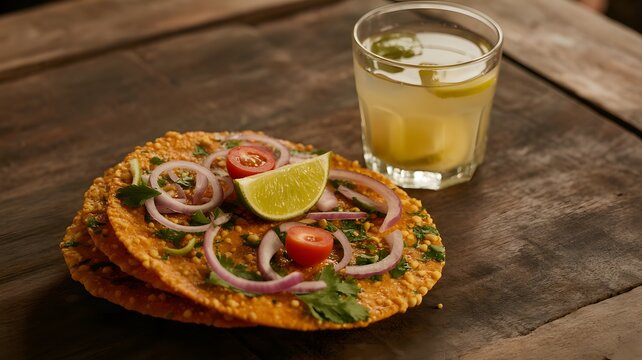 Papad with Beer or Summer Drink Delicious Papri Chaat with Refreshing Lemonade on Rustic Wooden