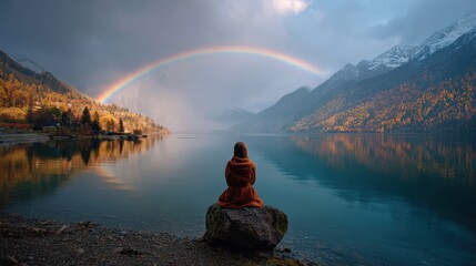 Woman sitting on a rock by a calm lake with a vivid rainbow and mountains in the background during early morning