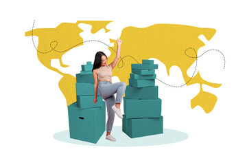 Contemporary art pop image collage of happy girl stand map postal worker box shipment import client order service delivery