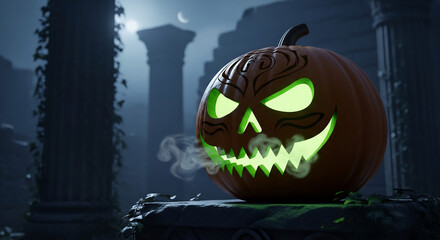 Eerie Halloween pumpkin with glowing eyes and smoke in spooky ruins. Perfect for Halloween party invitations, spooky social media posts, and autumn-themed marketing materials.