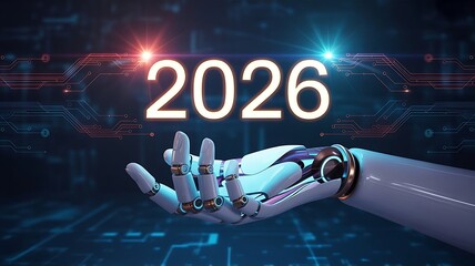 Futuristic Robotic Hand Reaching Toward Illuminated 2026 Text on Cyberpunk Tech Background with Glowing Circuit Patterns