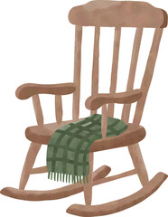 Wooden Rocking Chair with Green Blanket, Cozy Winter Watercolor Illustration