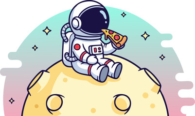 Cute Flat Vector Astronaut Eating Pizza on the Moon — Adorable Space Food Illustration