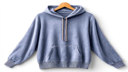 Light Blue Fuzzy Hoodie Sweatshirt With Drawstrings and Zebra Pattern Hem Detail Hung on a Wooden Hanger Against a White Background