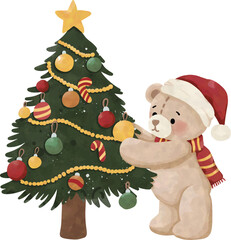 Watercolor Teddy Bear Decorating Christmas Tree | Cute Holiday Clipart