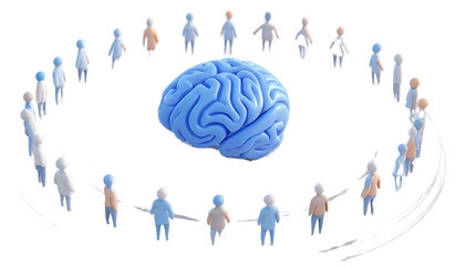 3d blue brain surrounded by white, simple human figures in a circle, vector illustration, icon design, white background, no shadows, high resolution, top view.