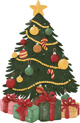 Watercolor Christmas Tree with Gifts | Holiday Decoration Clipart