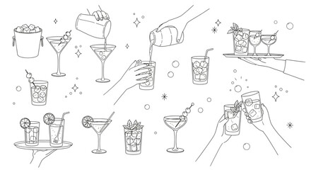 Hand-drawn vector set of wine glasses and bottles with cocktail, beer, and martini icons for bar and restaurant design