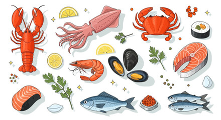 Naklejka premium Fresh Seafood Collection – Lobster, Salmon, Crab, Sushi, Shrimp, Squid, Mussels & Ocean Fish Art