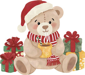 Watercolor Christmas Teddy Bear with Santa Hat and Gifts | Cute Holiday Clipart