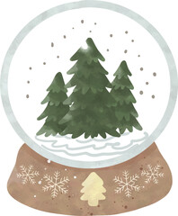 Watercolor Snow Globe with Pine Trees | Winter Christmas Clipart