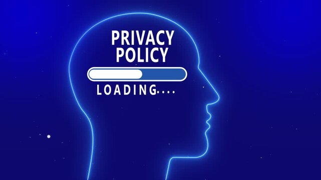 Neon blue outline of a human head with " PRIVACYPOLICYLOADING" text and progress bar inside 4k video