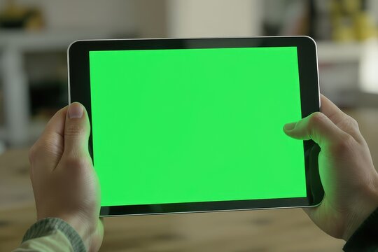 Hands holding tablet with bright green screen for content creation and editing, digital media device - Powered by Adobe