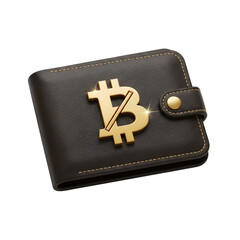 3d icon of a dark brown leather wallet with a prominent gold bitcoin symbol, isolated on transparent background