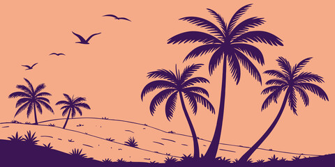 Retro Palm Trees with Sunset Background Vector Illustration