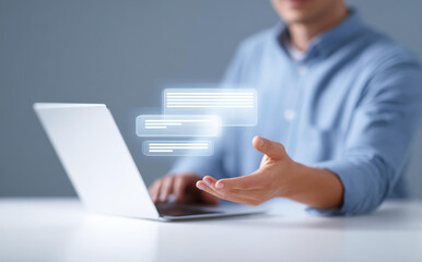 Focused businessman typing login password for cyber security authentication. man working on laptop for data protection, access and privacy with futuristic digital interface