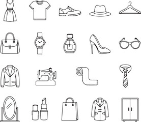 Stylistic fashion icons for your modern design: dress, shirt, shoe, hat, hanger, bag, watch, perfume, heel, glasses, jacket, sewing machine, tie, and more!