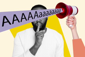 Creative 3d artwork banner collage of anonym man show shh gesture mute hand hold megaphone aaa...