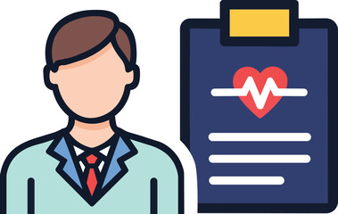 Doctor with Clipboard Icon – Cartoon-Style Medical Professional Illustration Representing Healthcare, Patient Monitoring, Clinical Documentation, and Telemedicine Consultation