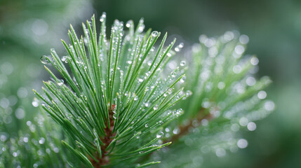 Serene close up of green pine branch with needles covered in fresh morning dew. Tiny water drops create natural, tranquil scene with soft background