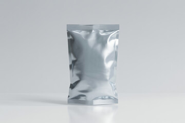 Silver foil pouch standing on a white surface against a neutral background