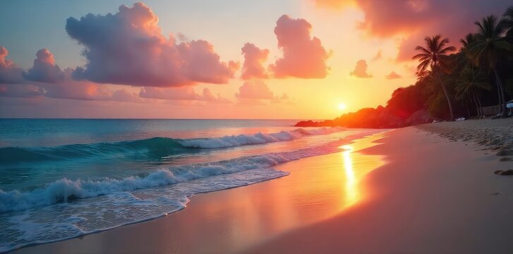 A tranquil scene of a calming beach at sunset, perfect for relaxation and stress relief Ideal for wellness, mindfulness, and mental health content , travel, serene, serenity