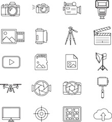 Modern outline icons set perfect for photography, video production, and digital content creation projects with cameras, drone, and editing software elements