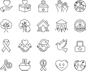 Donate to charity and make a difference concept, help people, save the world, care for earth, love each other, be volunteer, line art vector icons set
