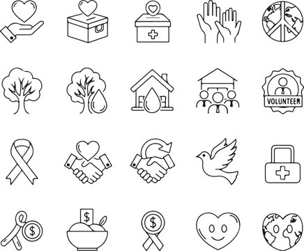 Donate to charity and make a difference concept, help people, save the world, care for earth, love each other, be volunteer, line art vector icons set