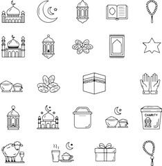 Elegant Ramadan themed icons for graphic design projects and festive greeting cards, featuring mosques, lanterns, dates, and prayer beads in a modern line art style
