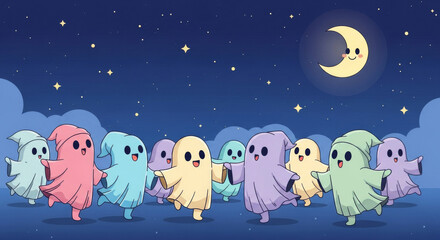 A group of colorful little ghosts are playing