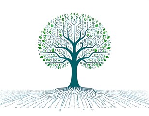 Digital tree of life with circuit board roots and binary code leaves