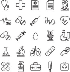 Modern medical icon set for healthcare design projects featuring essential equipment, nurse, pills, science tools, and first aid symbols in a simple line art style