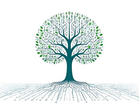 Digital tree of life with circuit board roots and binary code leaves