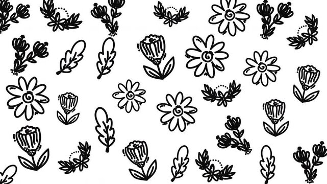 Hand-drawn flower and leaf pattern, black ink illustrations on white background, seamless botanical graphic design, nature-inspired artistic doodles