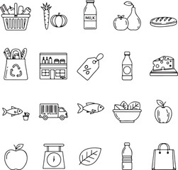 Grocery shopping icons convey healthy eating, sustainable choices, and fresh food delivery, perfect for marketing campaigns and dietary guides