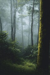 Fototapeta premium Misty forest adventure enchanted woods nature photography serene environment close-up view tranquil concept