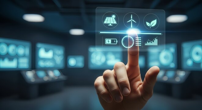 Hand interacting with futuristic touchscreen interface displaying renewable energy icons