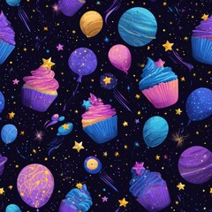 Galaxy Outer Space Party Seamless pattern. Colorful cupcakes and balloons against a starry background create a whimsical pattern design.