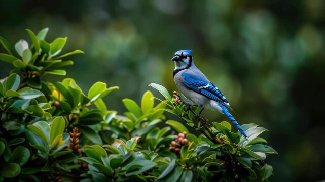 A blue jay rests on a leafy branch, displaying its brilliant blue and white feathers amidst lush green surroundings