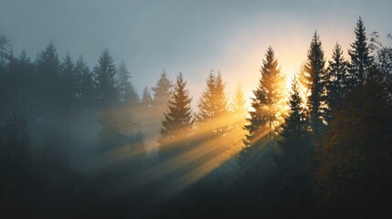Golden sunlight breaking through pine trees in a misty forest landscape capturing nature's serenity
