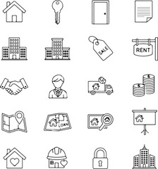 Real estate icon set showcases property concepts for sale, rent, loans, and building, perfect for websites, apps, and presentations on housing markets