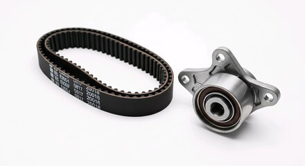 Obraz premium A timing belt with tensioner pulley arranged neatly on a white surface, realistic lighting, clean automotive design.