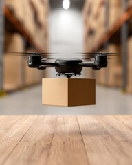 AI-driven supply chains concept. Drone Delivering Package in Warehouse Environment with Automation and Modern Technology