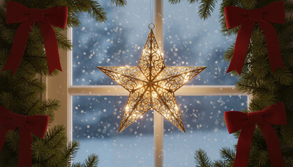 Illuminated star decoration hanging in window for Orthodox Christmas