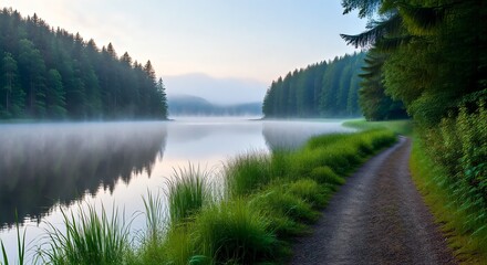 Tranquil morning mist hovers over a serene lake, reflecting the lush green trees and a gentle path winding along the grassy shore during the golden hour, creating a peaceful natural landscape