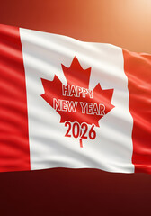 Waving canada flag with happy new year 2026 message on red maple leaf
